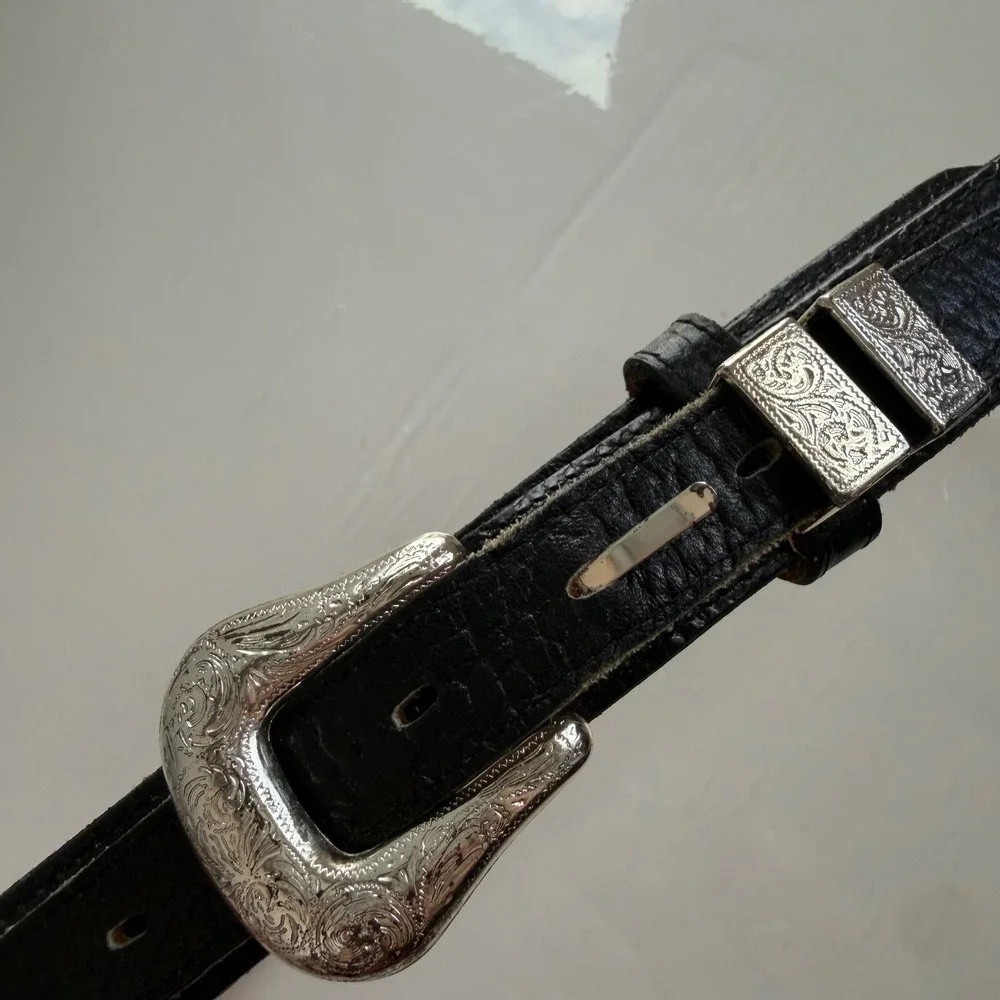 Vintage Fisher Western Style Silver-Toned Buckle Black Leather Belt